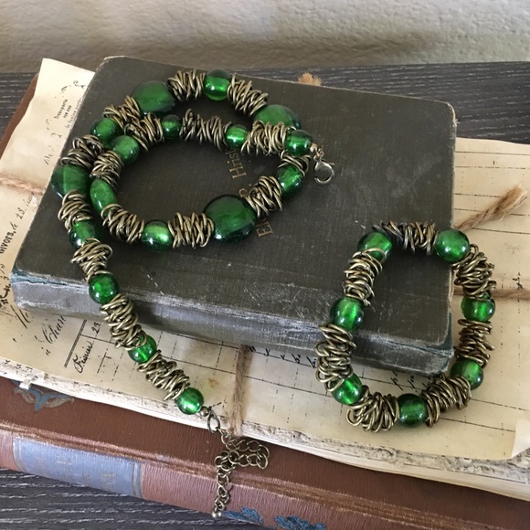Vintage Brass and Glass Necklace and Bracelet Set - Picture 2 of 8